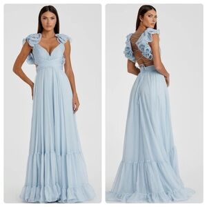 NWT MAC DUGGAL Light Blue Ruffle Tiered Cut-Out Chiffon Gown Sz: 6 $398